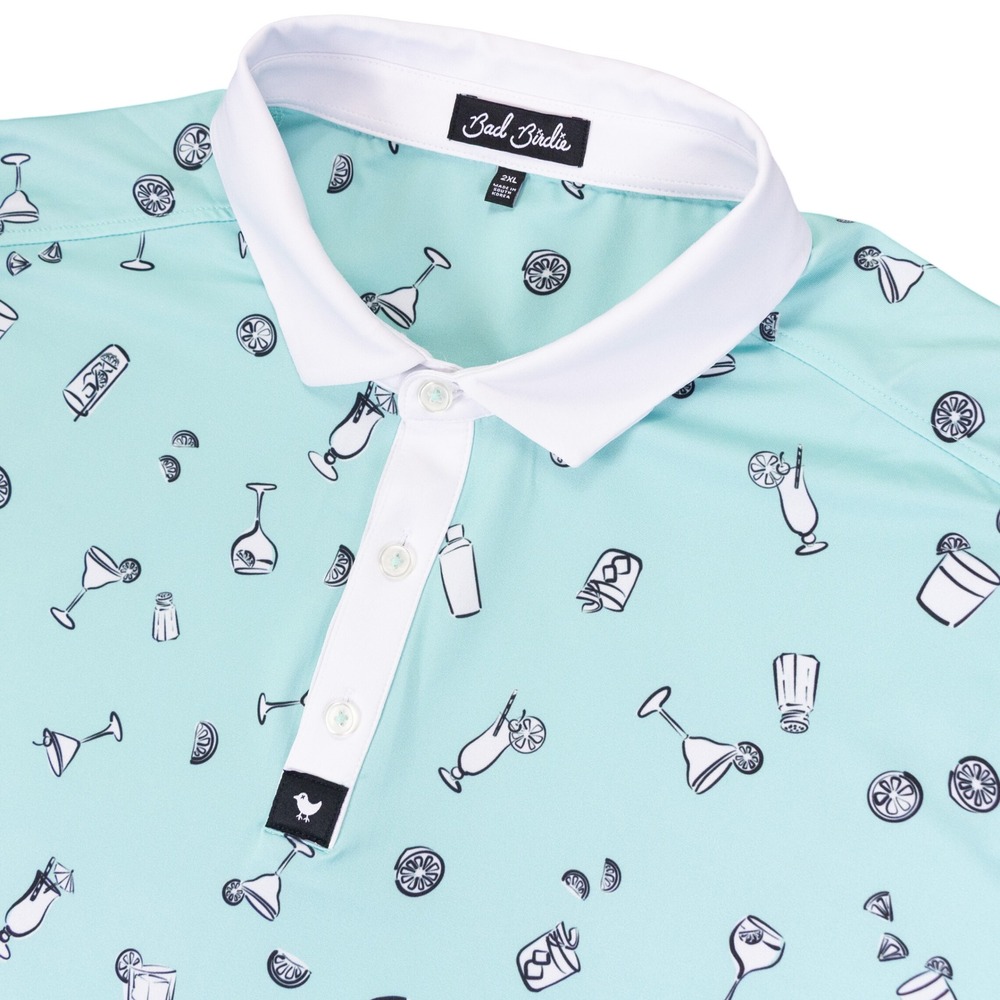 Bad Birdie 5PM Somewhere Polo Shirt Mens 2XL Blue Polyester Cocktail Golf